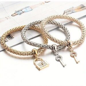 Set of 3 Stackable Bracelets w Lock and Key Shape Pendant